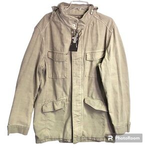 Structure Shop 100% Cotton Khaki Utility Field Jacket Snap/zip Hidden Hoodie M